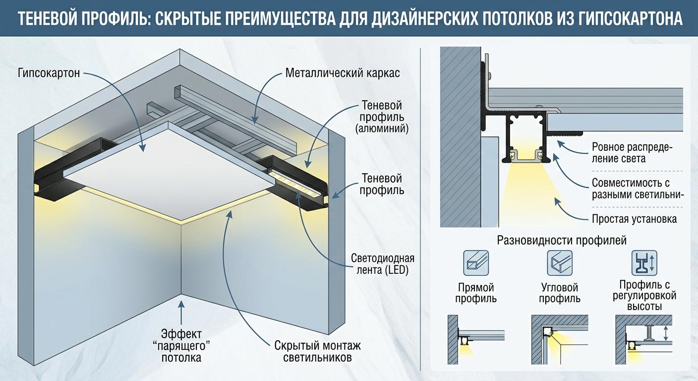 Теневой профиль – незаметный герой дизайнерских потолков из гипсокартона